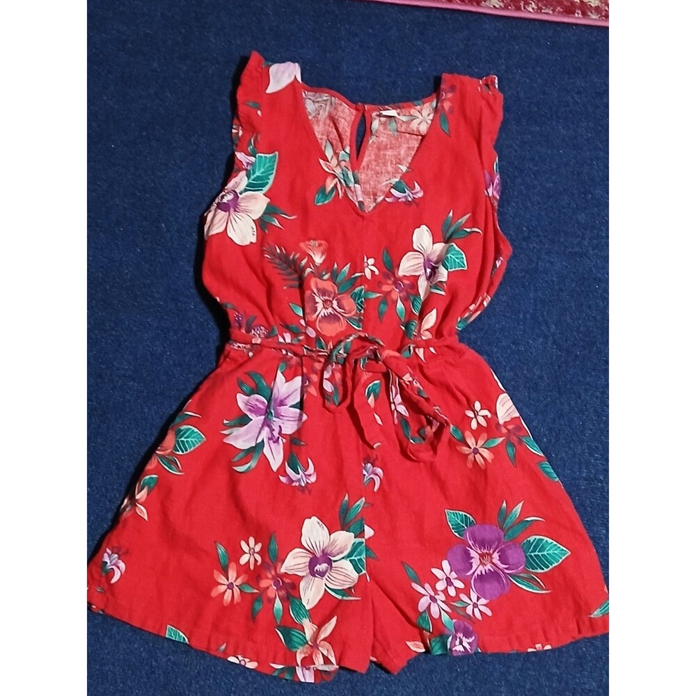 Old Navy Red Floral Romper Ruffle Sleeveless Elastic waistband with tie Medium